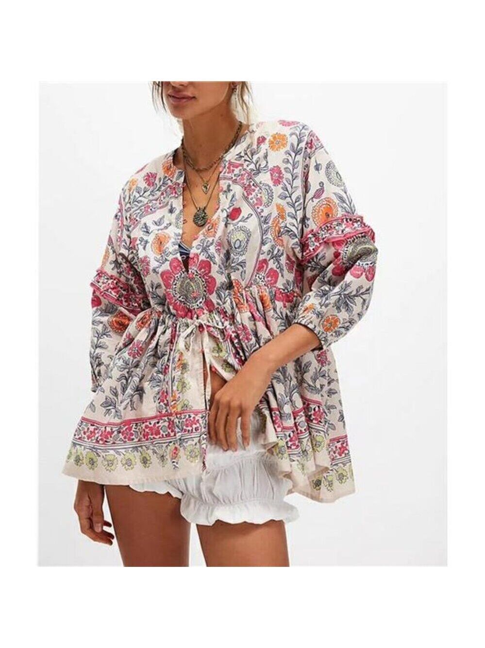 Women Boho Floral Puff Sleeve Peplum Tunic Top Y2K Vintage Button Down Shirt